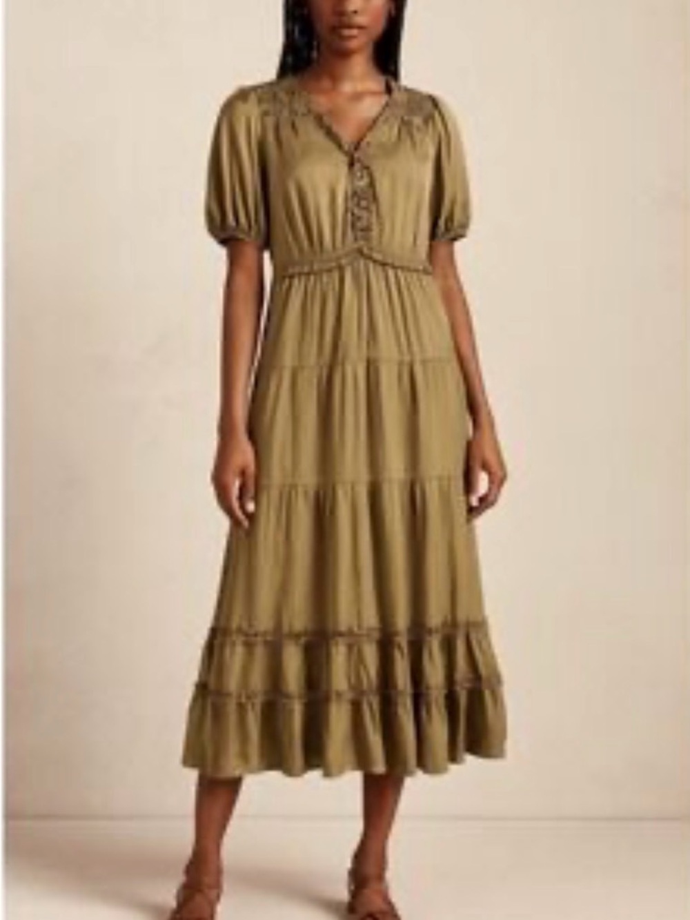 Bohme Olive Satin Tiered Midi Dress with Puff Sleeves